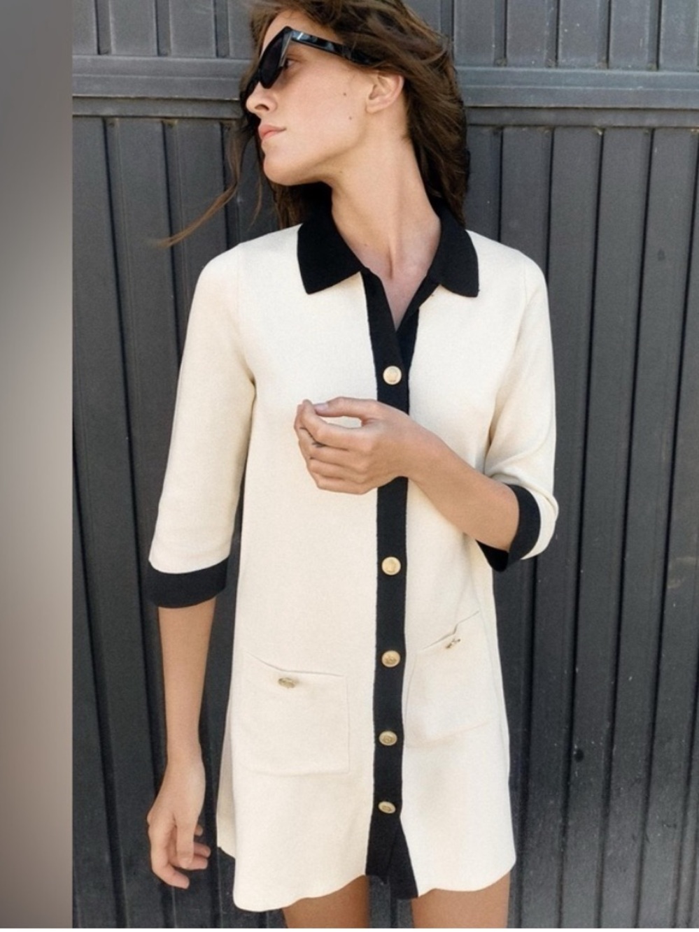 Zara Cream Knit Lady Dress with Black Trim and Gold Buttons